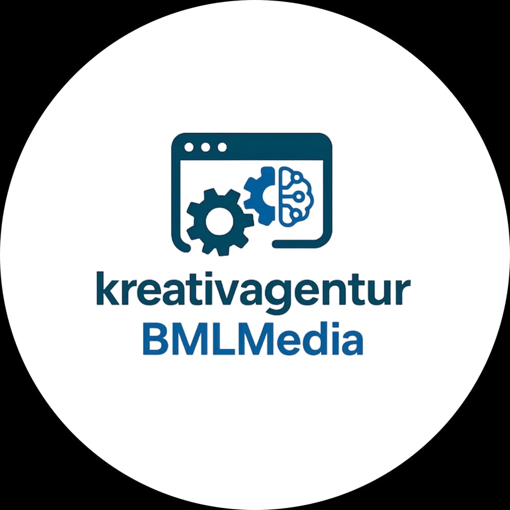 Ein Logo mit Browserfenster, Zahnrad, Gehirn und dem Text „kreativagentur BMLMedia“.