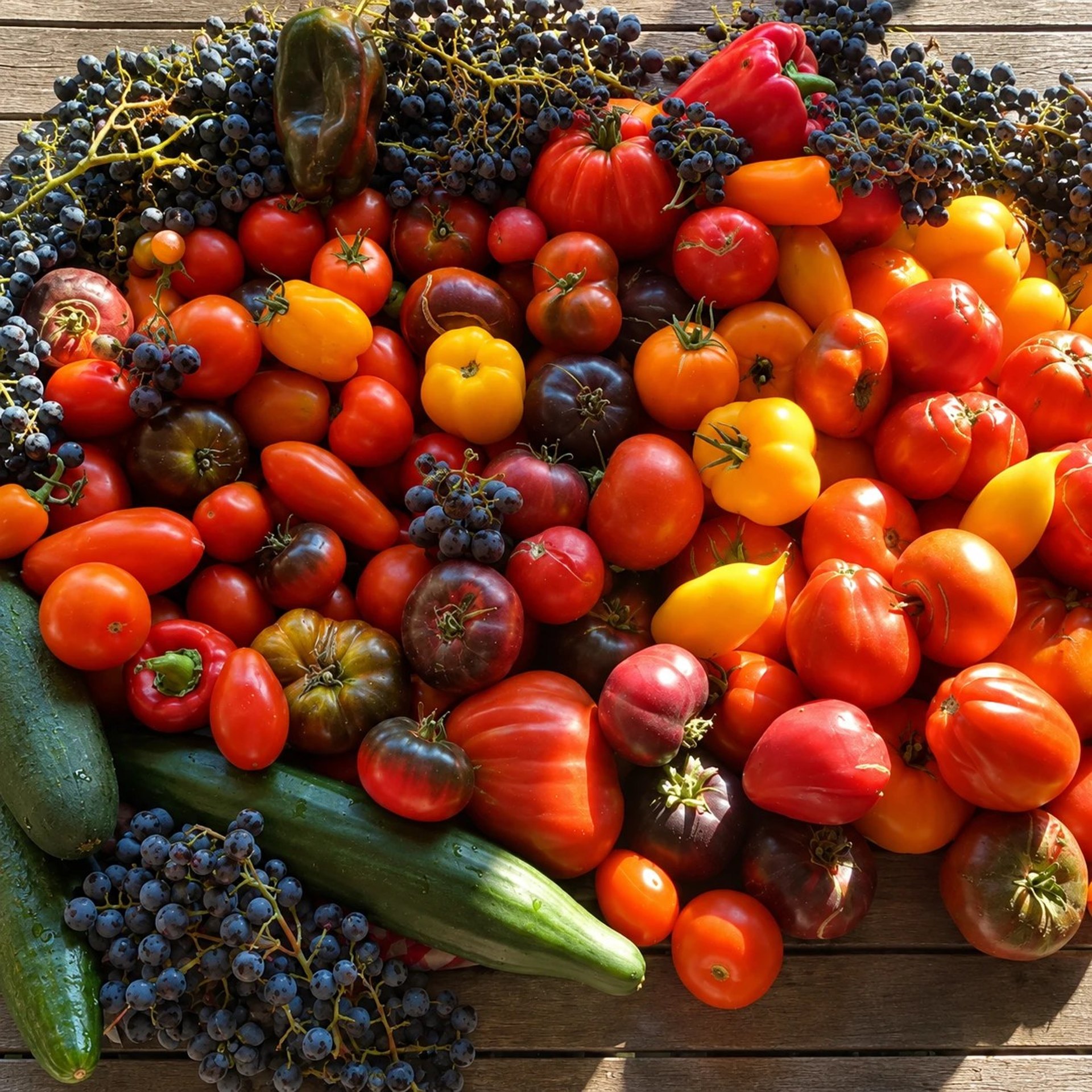 Erntetisch von oben: Tomaten, Paprika, Gurken und Weintrauben aus dem eigenen Garten