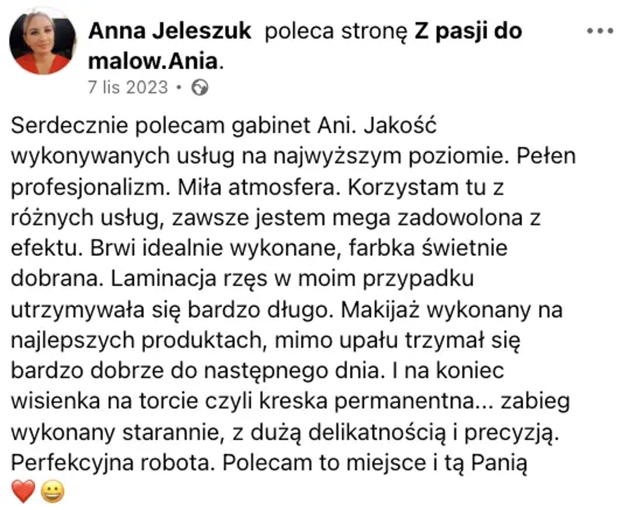 Opinia Anny Jeleszuk z Facebooka