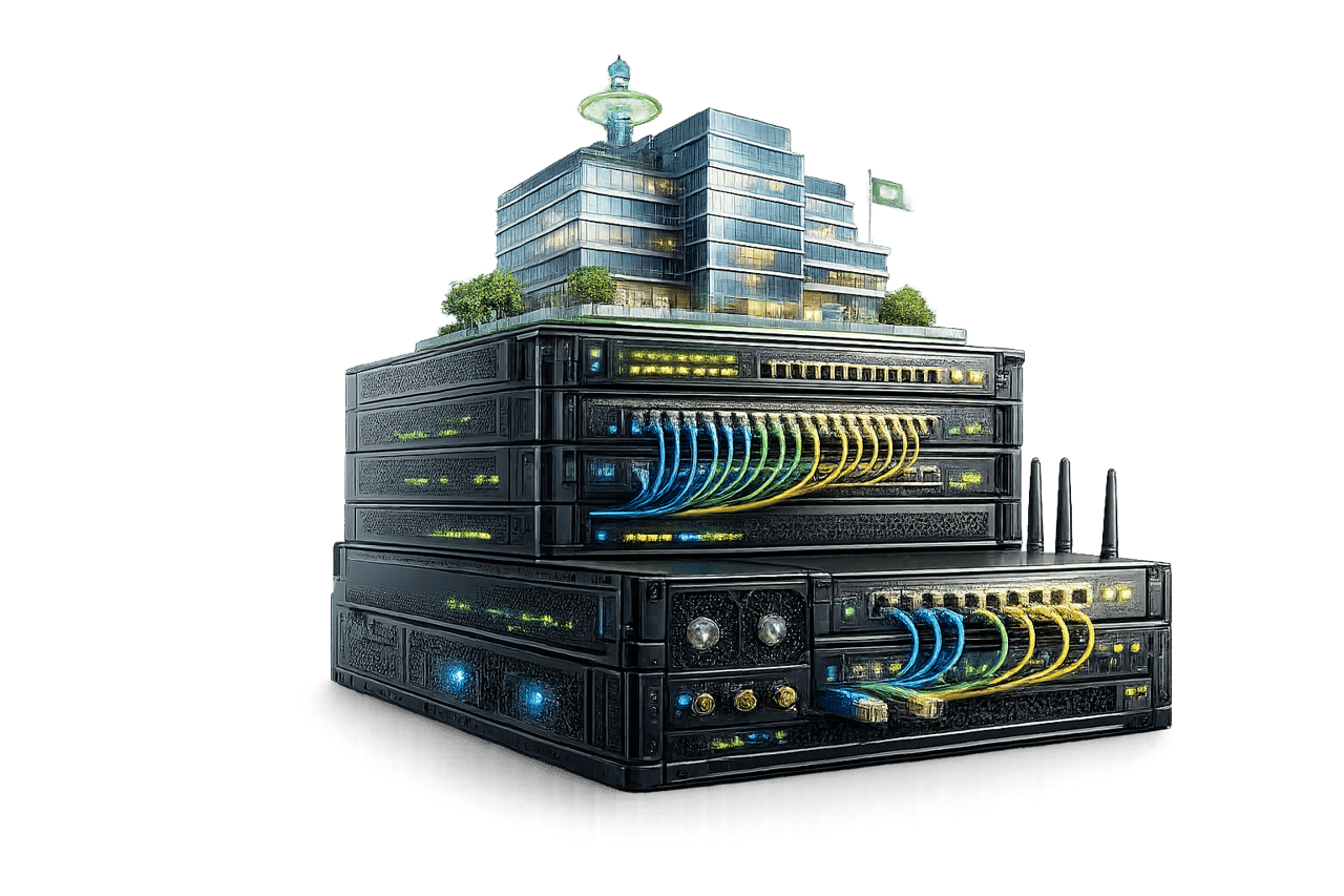 Modernes Bürogebäude auf einem Stapel aus Netzwerk-Servern und IT-Hardware mit bunten Kabeln als Sinnbild für den schnellen Internetanschluss im Betrieb