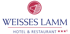 Logo "WEISSES LAMM HOTEL & RESTAURANT" mit drei Sternen und Lammkopf in rotem Kreis