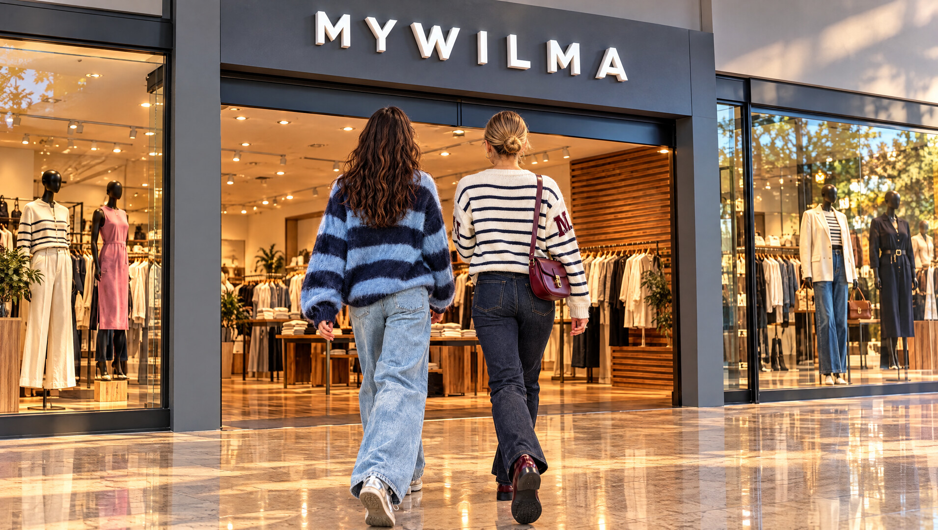 Zwei Freundinnen in Streifen-Strick gehen in den MYWILMA Store