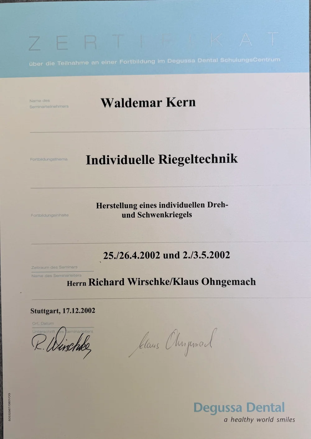 Fortbildungszertifikat 15 von ADU-Dental