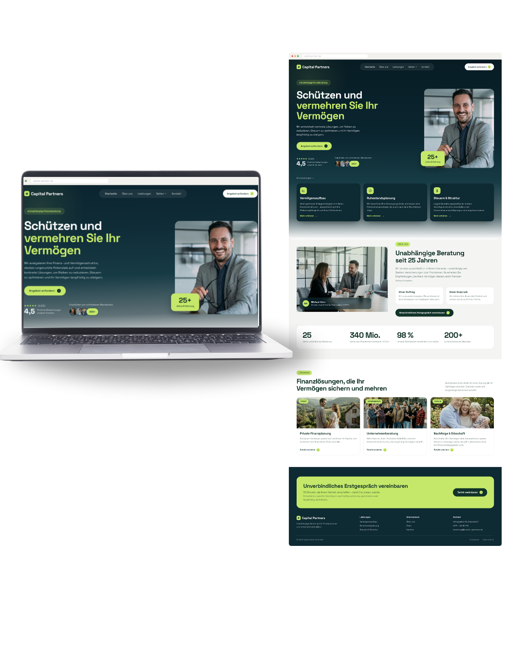 Finanzberatung: Laptop-Ansicht und Landingpage-Auszug