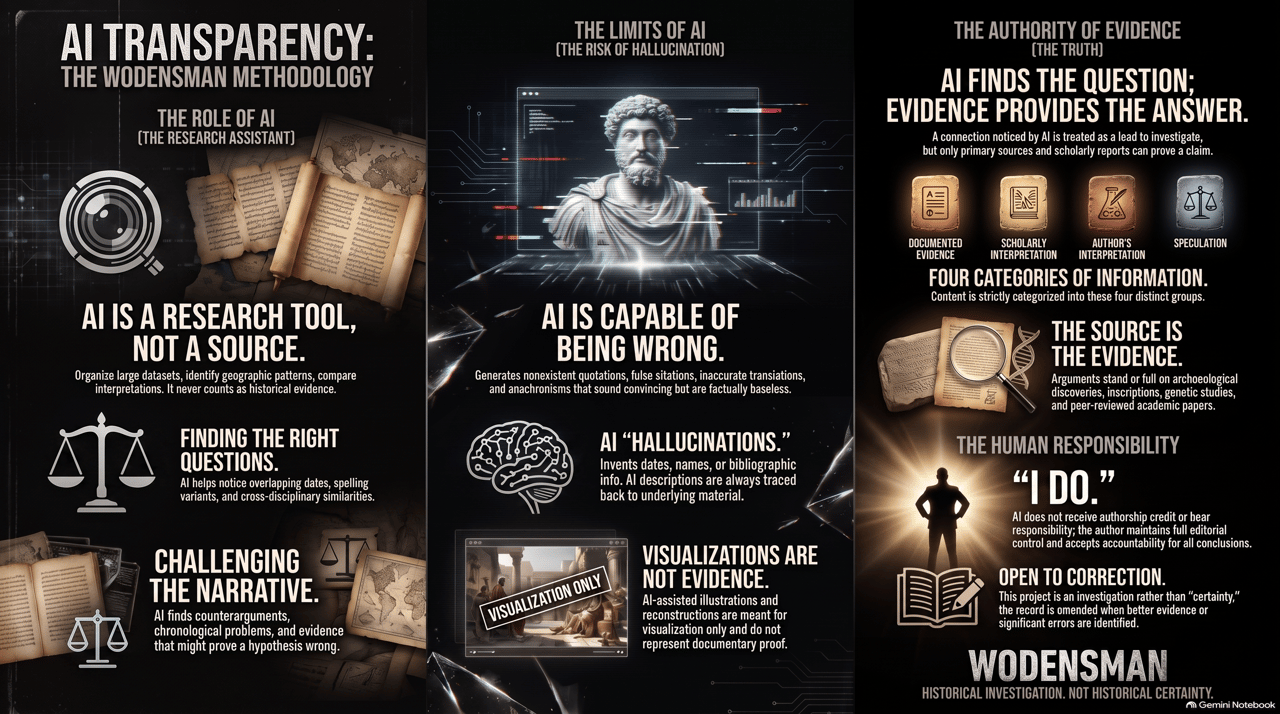 AI Transparency: The Wodensman Methodology – infographic explaining the role of AI as a research tool, its limits, and the authority of evidence