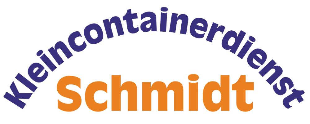 Blauer Text "Kleincontainerdienst" im Bogen über orangefarbenem Text "Schmidt" auf grünem Hintergrund.