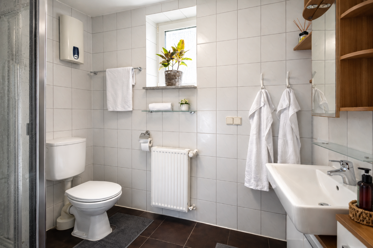 Badezimmer mit Dusche, Waschbecken und bereitgelegten Handtüchern