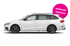 Weißer Skoda Octavia Kombi von der Seite mit pinkem Kreis „Vollkasko inklusive“.