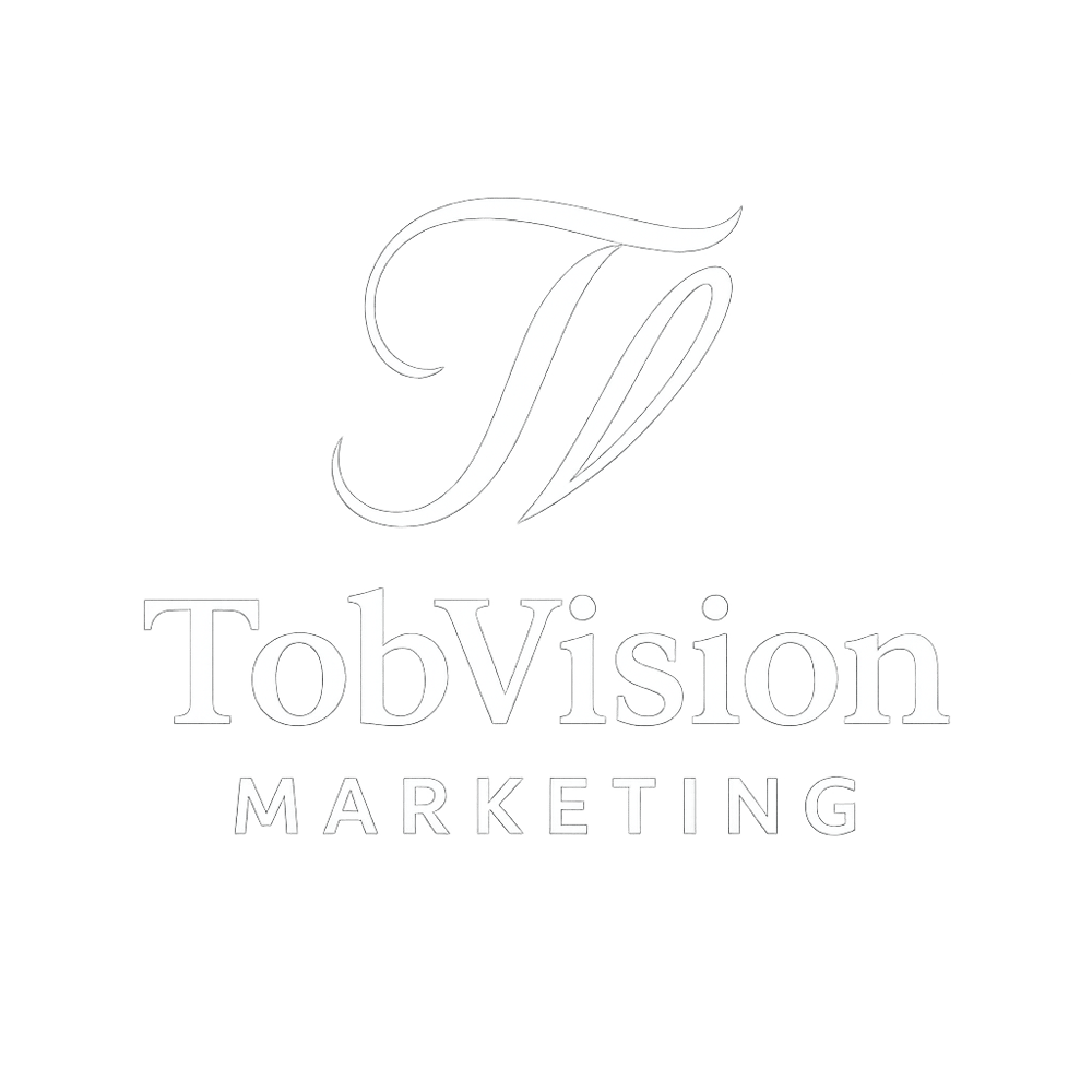 Weißes, geschwungenes TV-Logo über dem Text "TobVision MARKETING" auf grünem Hintergrund.