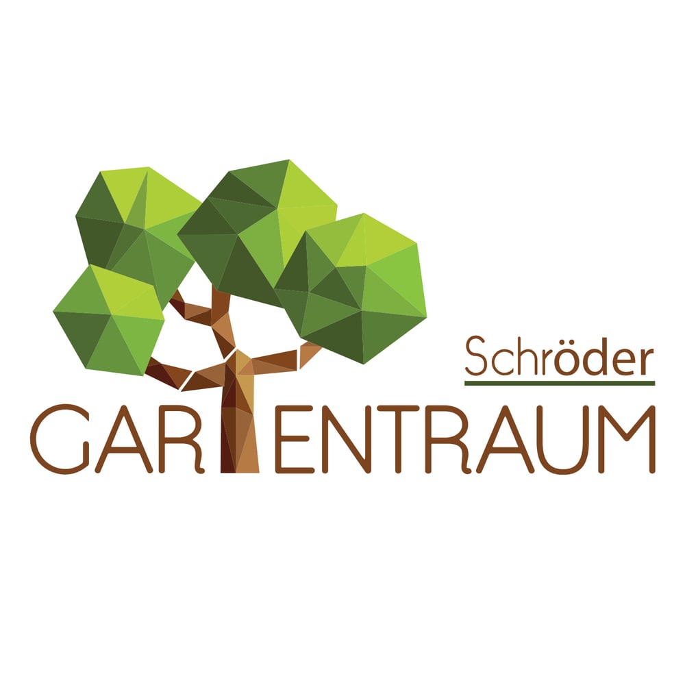 Logo für Schröder Gartentraum mit stilisiertem Baum mit polygonalen Blättern und braunem Stamm.