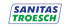 Logo mit "SANITAS" in Blau und "TROESCH" in Grün, umrandet von einer blauen Linie auf schwarzem Hintergrund.