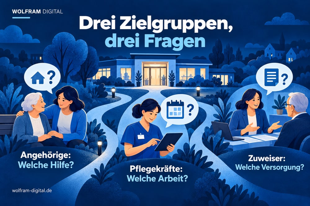 Drei Zielgruppen, drei Fragen. Angehörige: Welche Hilfe?. Pflegekräfte: Welche Arbeit?. Zuweiser: Welche Versorgung?
