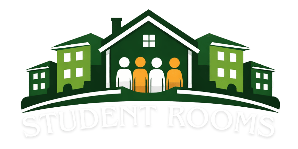 Grün-weiße Häuser mit orangefarbenen und weißen Figuren, darunter der Text "STUDENT ROOMS".