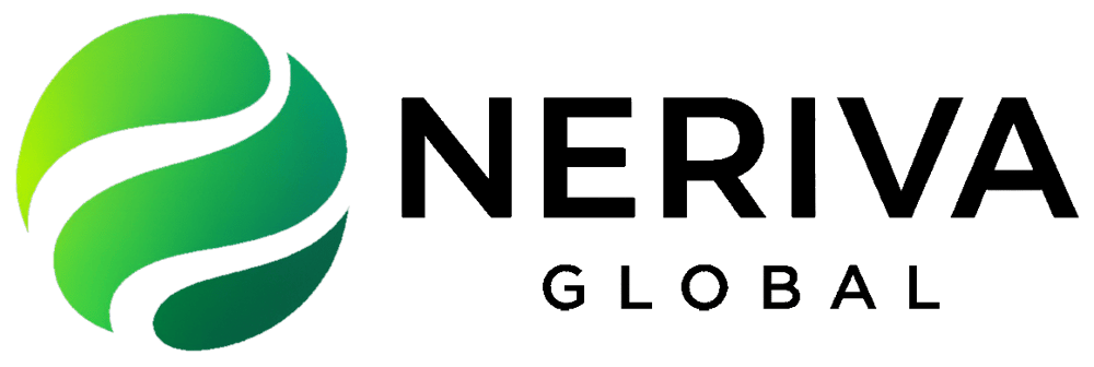 Grünes Logo mit einem Kreis aus drei geschwungenen Blättern und dem Text NERIVA GLOBAL.