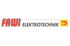FAWI Elektrotechnik Logo mit rotem "FAWI", grauem "ELEKTROTECHNIK" und gelbem Quadrat mit rotem "e".