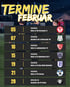 Termine Februar: Fußballspielplan mit 7 Spielen, Heim- und Auswärtsspiele, mit Logos der beteiligten Vereine.