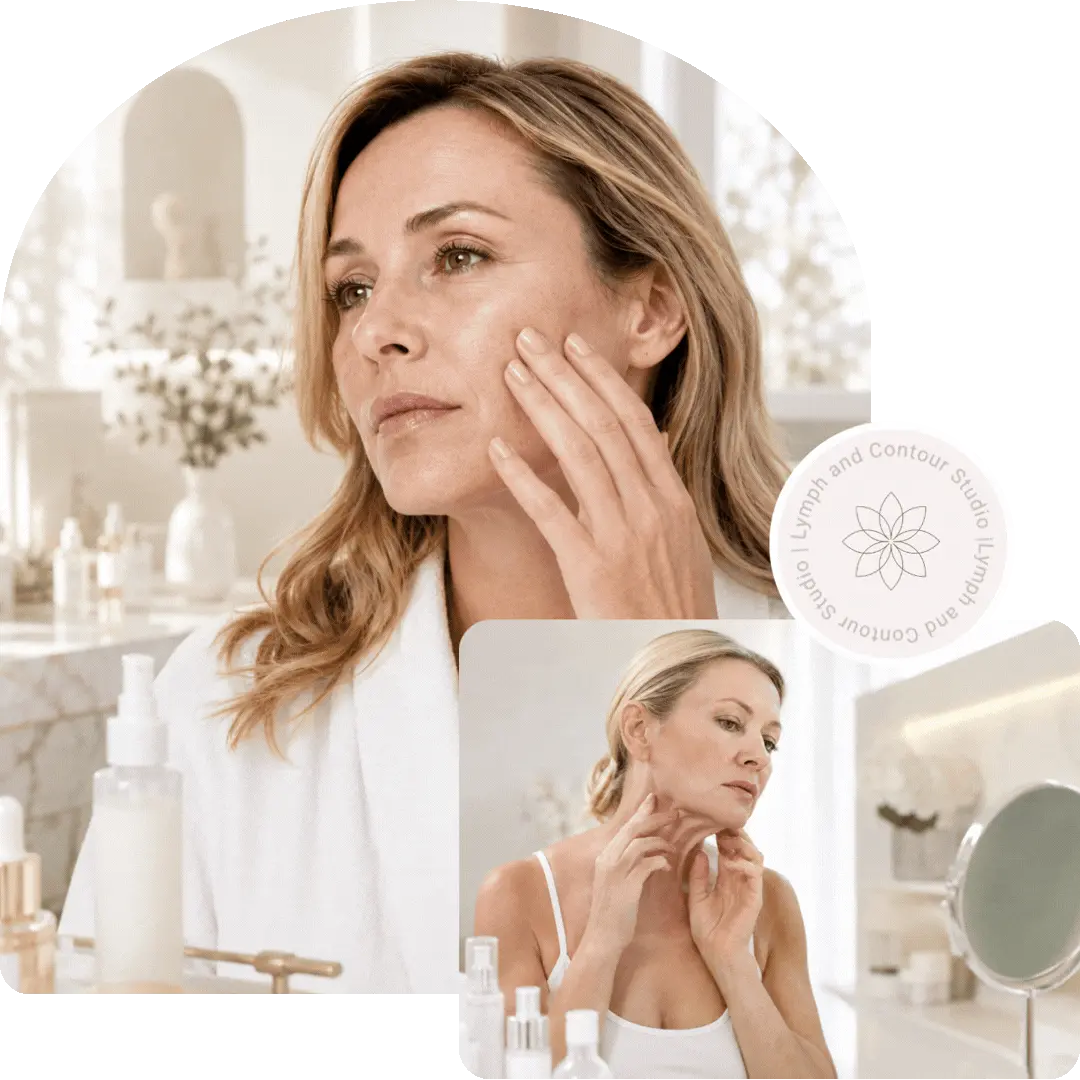Women touching loose skin on their face and neck