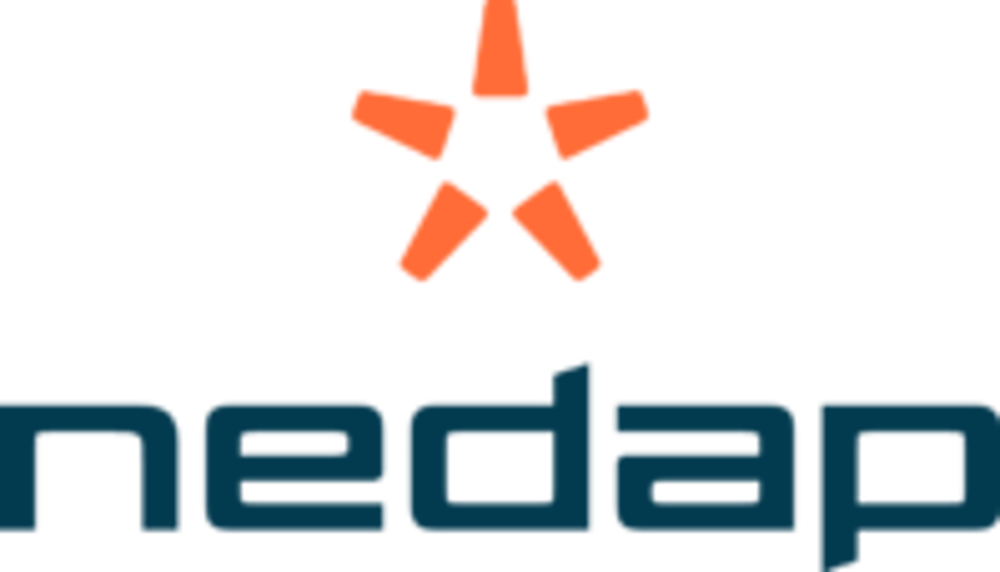 Nedap Logo mit einem fünfzackigen orangefarbenen Sternsymbol über dem dunkelblauen Schriftzug auf schwarzem Grund.