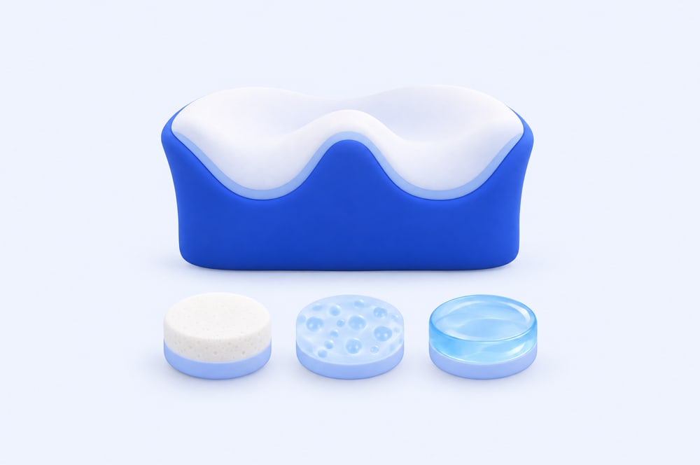 Illustration: Sitzkissen mit Materialproben aus Schaum, Luft und Gel
