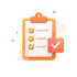 3D-Klemmbrett in Orange mit einer Checkliste und gesetzten Häkchen vor schwarzem Hintergrund - Software für Alarm- und Gefahrenabwehrplanung - Notfall- und Krisenmanager (NKM®).