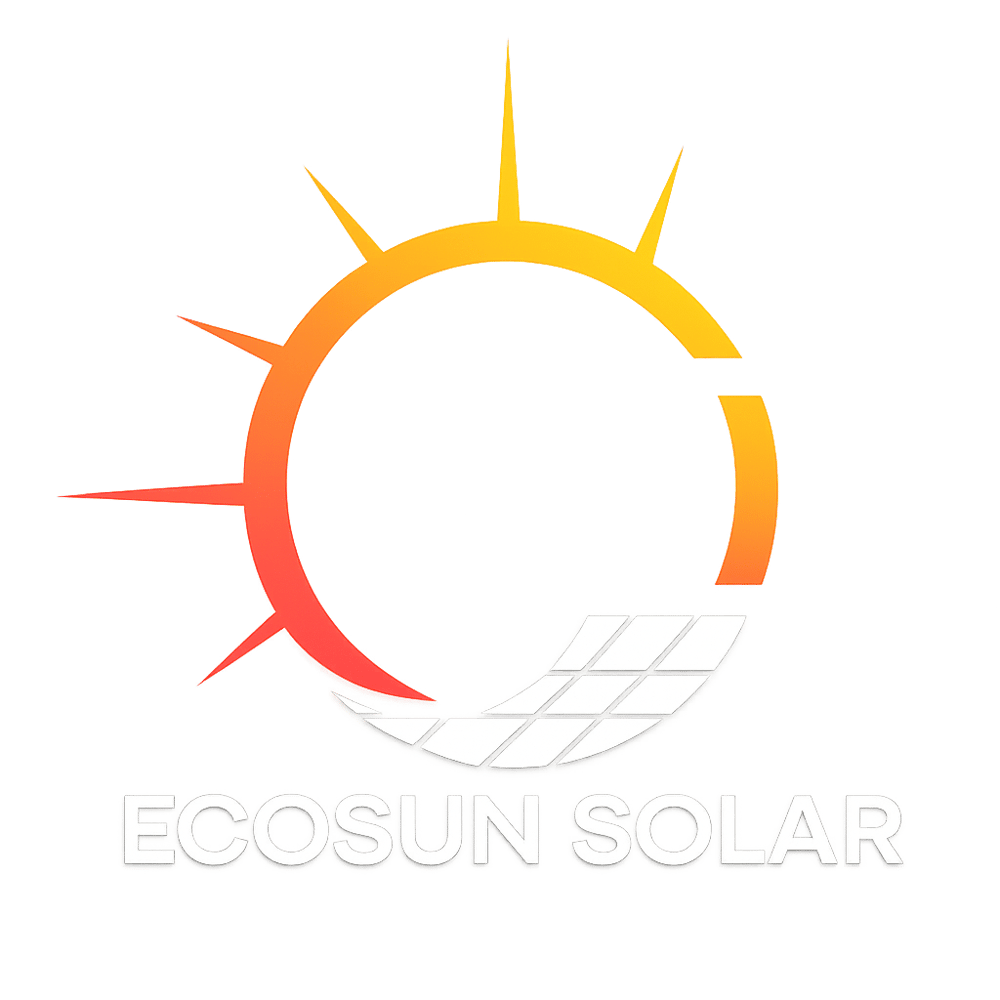 Sonnensymbol in Rot-Orange mit Solarpanel-Segment, darunter Text „ECOSUN SOLAR“.