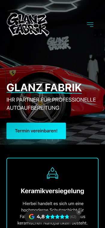 Website der GlanzFabrik in der Handy-Ansicht