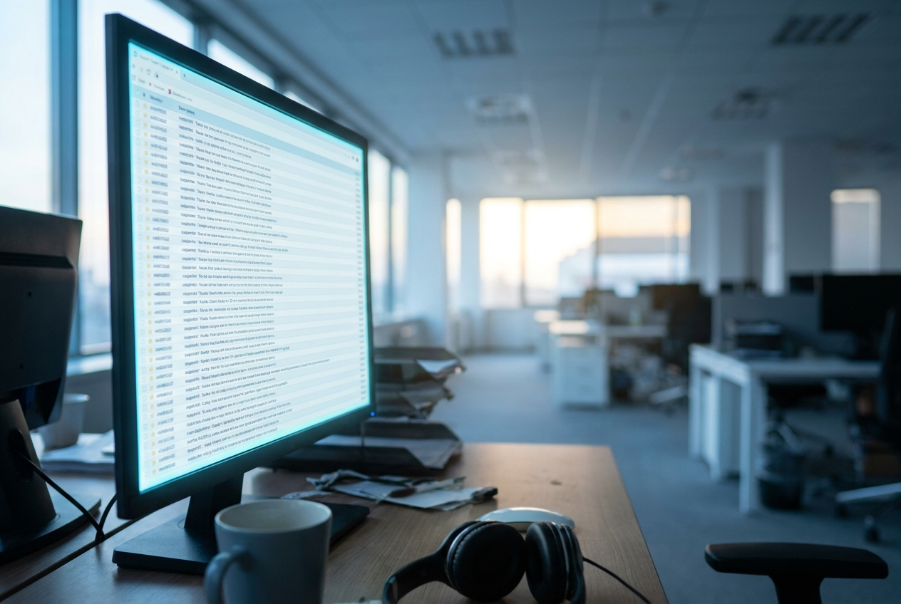 Monitor mit langer Ticket-Liste am Morgen, im Hintergrund ein unscharfes Großraumbüro