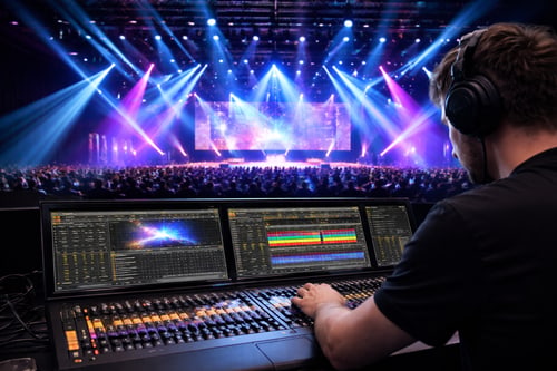 Lichtoperator am Pult vor einer ausgeleuchteten Showbühne