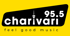 Schwarz-gelbes Logo "charivari 95.5 feel good music" mit Antennensymbol.