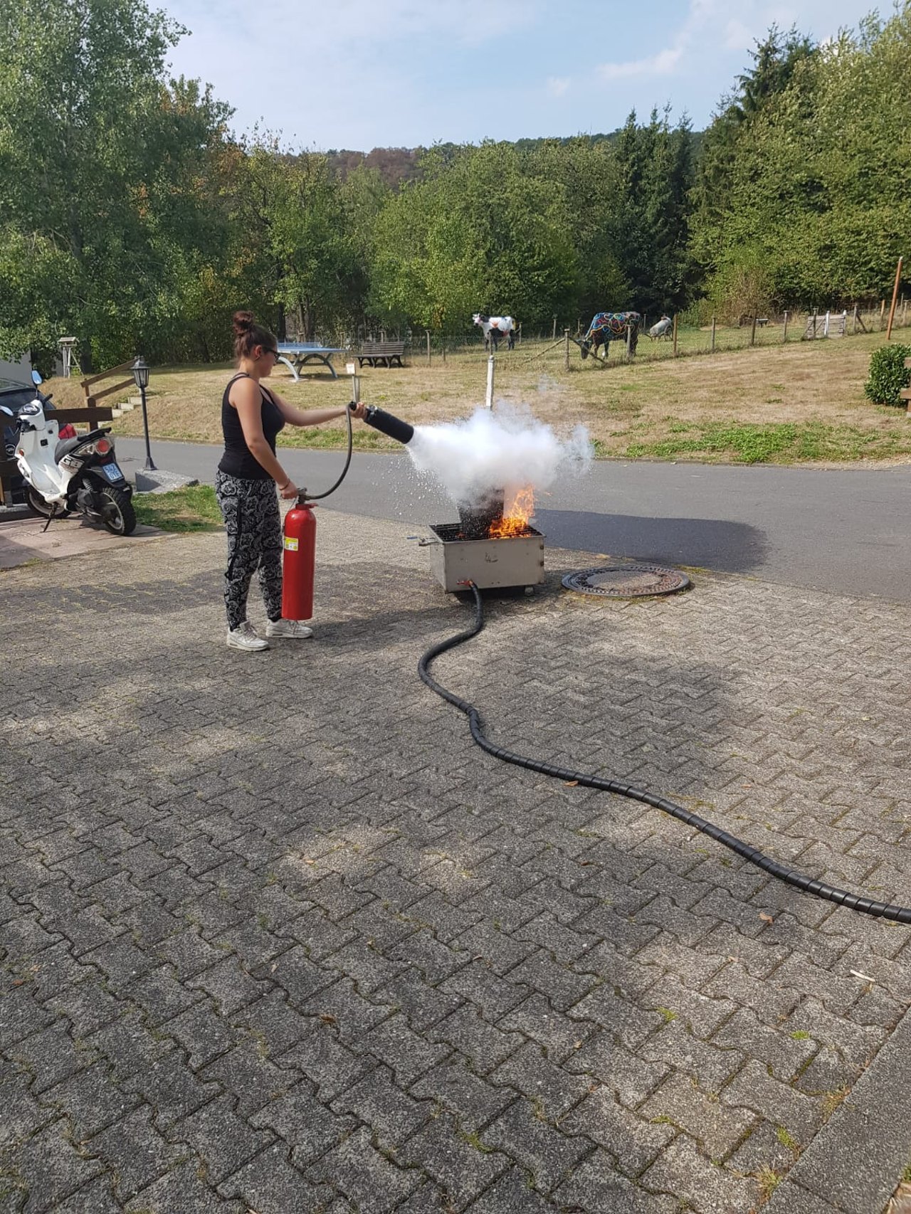 Praktische L&ouml;sch&uuml;bung mit dem Feuerl&ouml;scher w&auml;hrend einer Brandschutzhelfer-Schulung