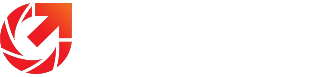 Rotes Logo mit einem nach oben zeigenden orangefarbenen Pfeil, der einen teilweise umgebenden Kreis durchbricht.