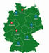 Grüne Deutschlandkarte mit markierten Standorten in Hamburg, Bremen, Berlin, Wuppertal, Leipzig, Frankfurt, Nürnberg, Stuttgart.