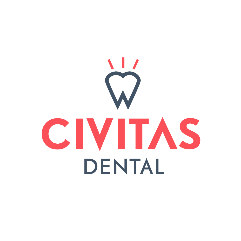 CIVITAS DENTAL Logo: grauer Zahn mit roten Strahlen, darunter rotes "CIVITAS" und graues "DENTAL".