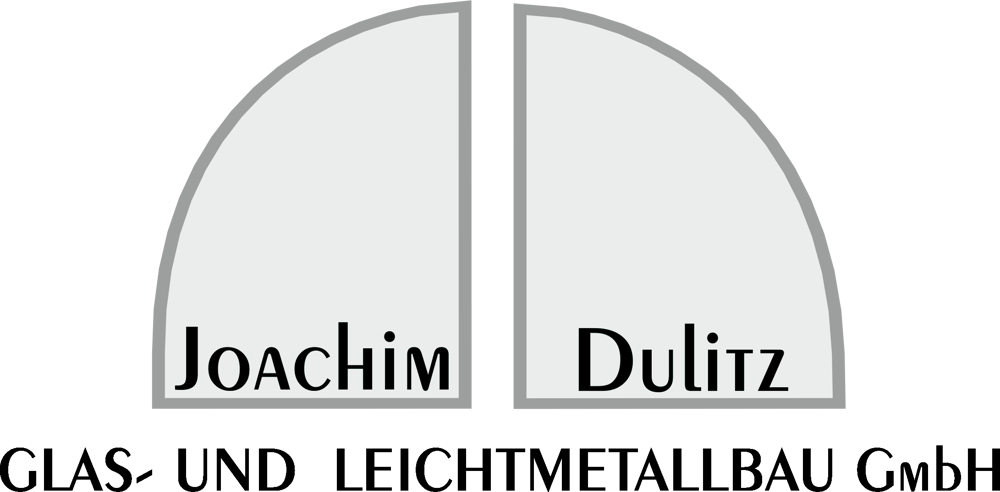 Logo mit zwei hellgrauen, halbrunden Formen, die „Joachim“ und „Dulitz“ zeigen, darunter „GLAS- UND LEICHTMETALLBAU GmbH“.