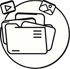 Schwarz-weiße Icons: drei offene Ordner, ein Video-Symbol und ein Bild-Symbol in einem Kreis.Dienstleistungsanbieter: wandelt Blogartikel und Podcastfolgen in Social-Media-Inhalte um; E-Mail-Marketing, Copywriting, Social-Media-Management & Ilka Fleckenstein von Fairgetextet