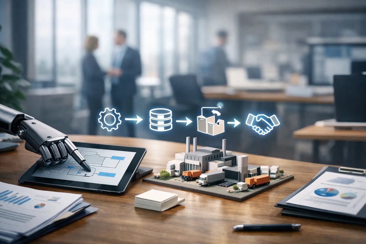 Roboterhand bedient Tablet neben Fabrikmodell und digitalen Icons für Zahnrad, Datenbank, Fabrik und Händedruck im Büro.