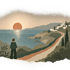 Papiercollage: Ein Mensch mit leeren Händen am Anfang eines Weges zur mediterranen Küste