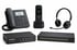 Schwarzes IP-Telefon, Mobilteil, Headset sowie eine Firewall und ein Netzwerk-Switch auf weißem Hintergrund.