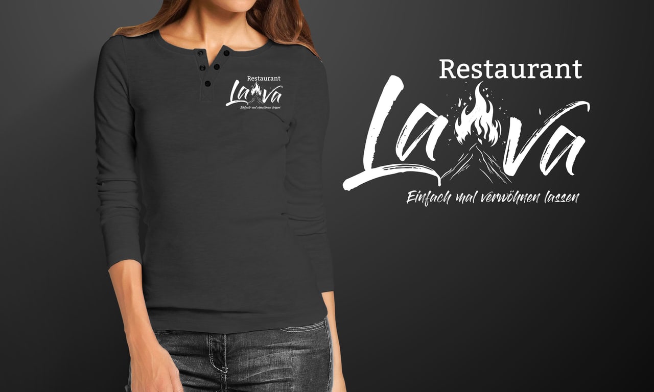 Restaurant-Logo Lava auf einem Shirt als Beispiel für Logo- und Designentwicklung