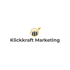 Klickkraft Marketing Logo: Gelbe Linie bildet Kreis um schwarze Säulen, Rakete fliegt aus Kreis.