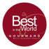 Rotes rundes Siegel mit der Aufschrift Best in the World, Gourmand World Cookbook Awards.
