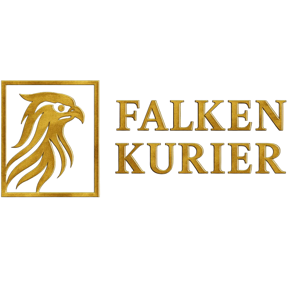 Falken Kurier Logo mit stilisiertem Falkenkopf und dem Buchstaben F auf dunklem Hintergrund. Falken Kurier für Kunstwerke und Gemälde in Frankfurt