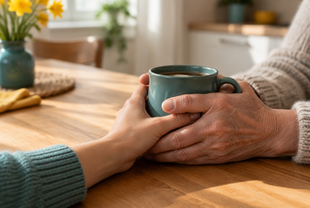 Eine ältere und eine jüngere Hand halten gemeinsam eine Tasse am Küchentisch