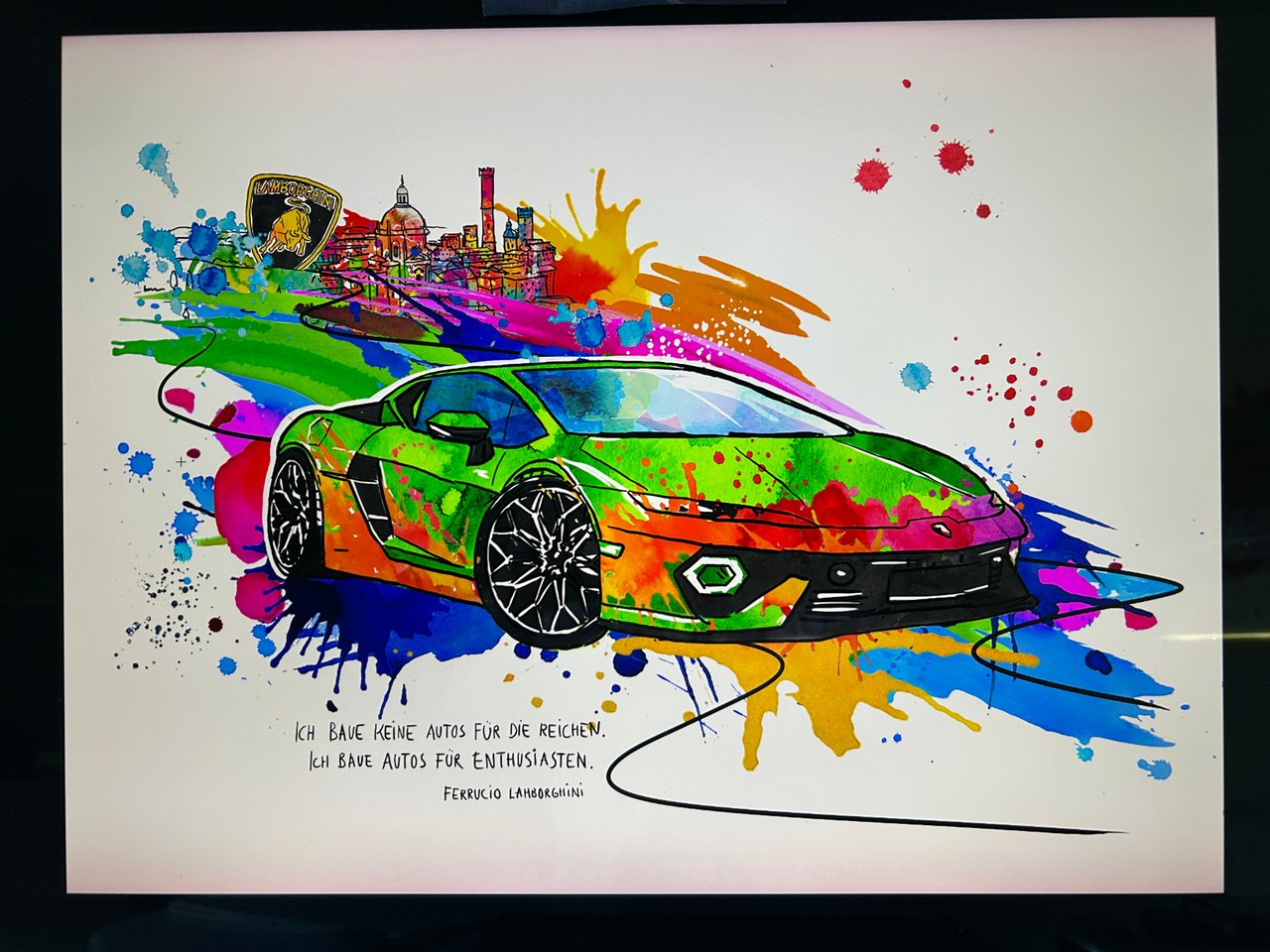 Aquarell des Lamborghini vor der Skyline von Bologna