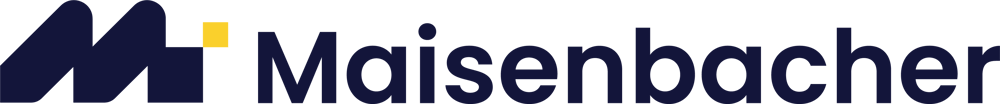 Logo mit stilisiertem M und dem Schriftzug "Maisenbacher" in Dunkelblau, mit einem gelben Quadrat über dem "i".