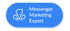 Blauer Button mit weißem Kraken-Logo und dem Text "Messenger Marketing Expert".