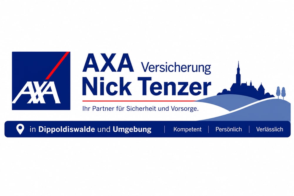 AXA Versicherung Nick Tenzer Logo: "Ihr Partner für Sicherheit und Vorsorge. In Dippoldiswalde und Umgebung. Kompetent, Persönlich, Verlässlich."