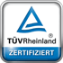 TÜV Rheinland ZERTIFIZIERT Logo: Blaues Dreieck mit Wellenlinie über "TÜVRheinland" und "ZERTIFIZIERT".