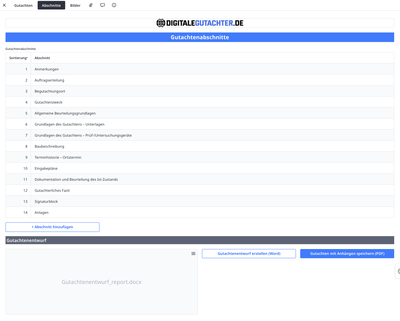 Gutachten & Berichte – Abschnittslogik