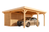 Holzcarport mit einem beigen Auto auf dunkelgrünem Hintergrund.